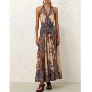 Zimmermann Ascension Plunge Halter Printed Cotton Maxi Dress